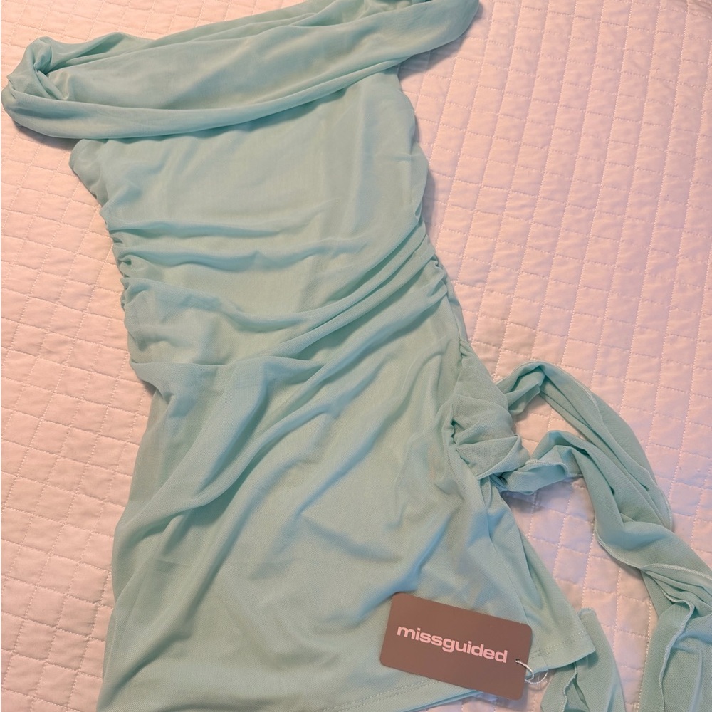 Missguided Mint Corsage One-Shoulder Ruched Dress